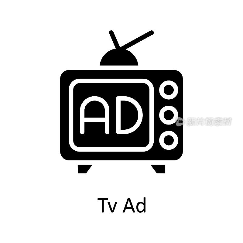 电视广告矢量固体图标设计插图。数字营销符号在白底EPS 10文件